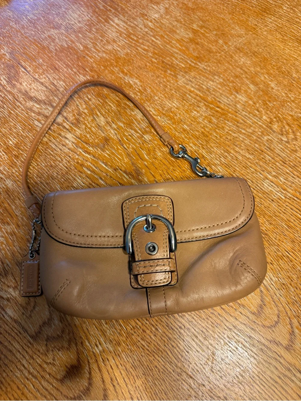 Coach Tan Leather Buckle Wristlet Clutch